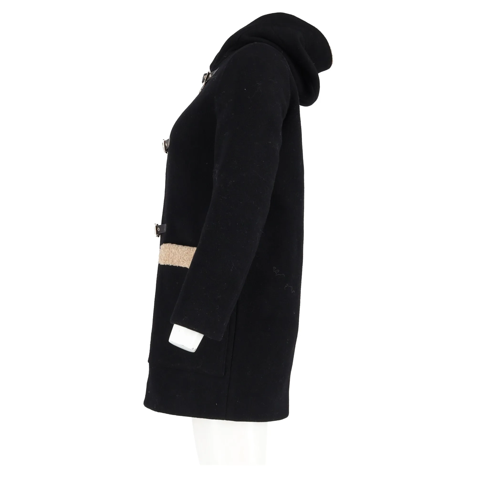 Sandro Figuier Hooded Coat in Black Wool