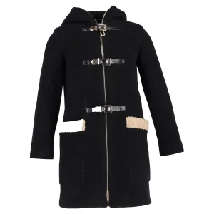 Sandro Figuier Hooded Coat in Black Wool
