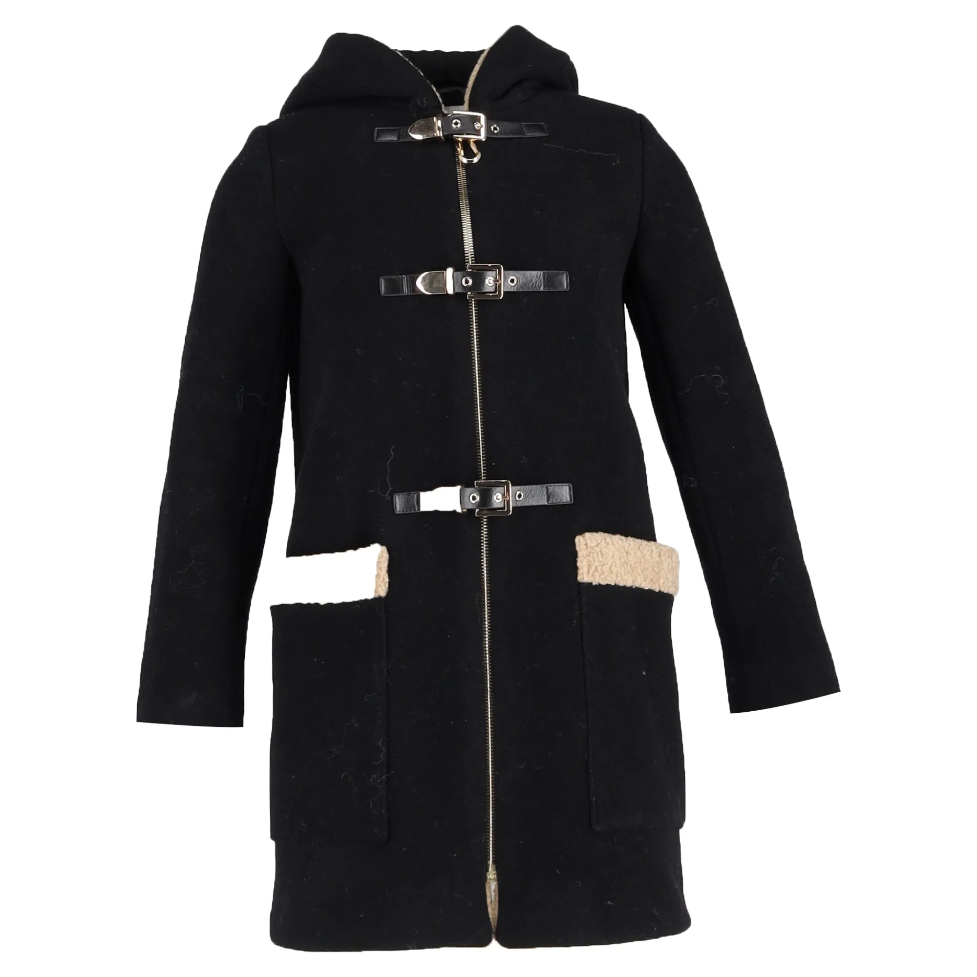 Sandro Figuier Hooded Coat in Black Wool