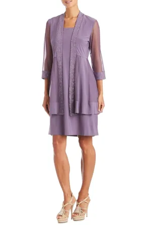 Shimmery 3/4 Sleeve Jacket & Dress Set In Orchid