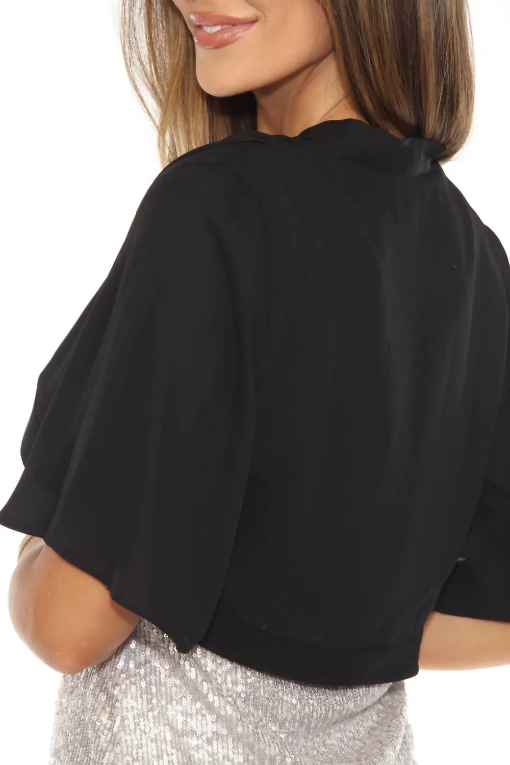 Shirred Lightweight Relaxed Bolero In Black