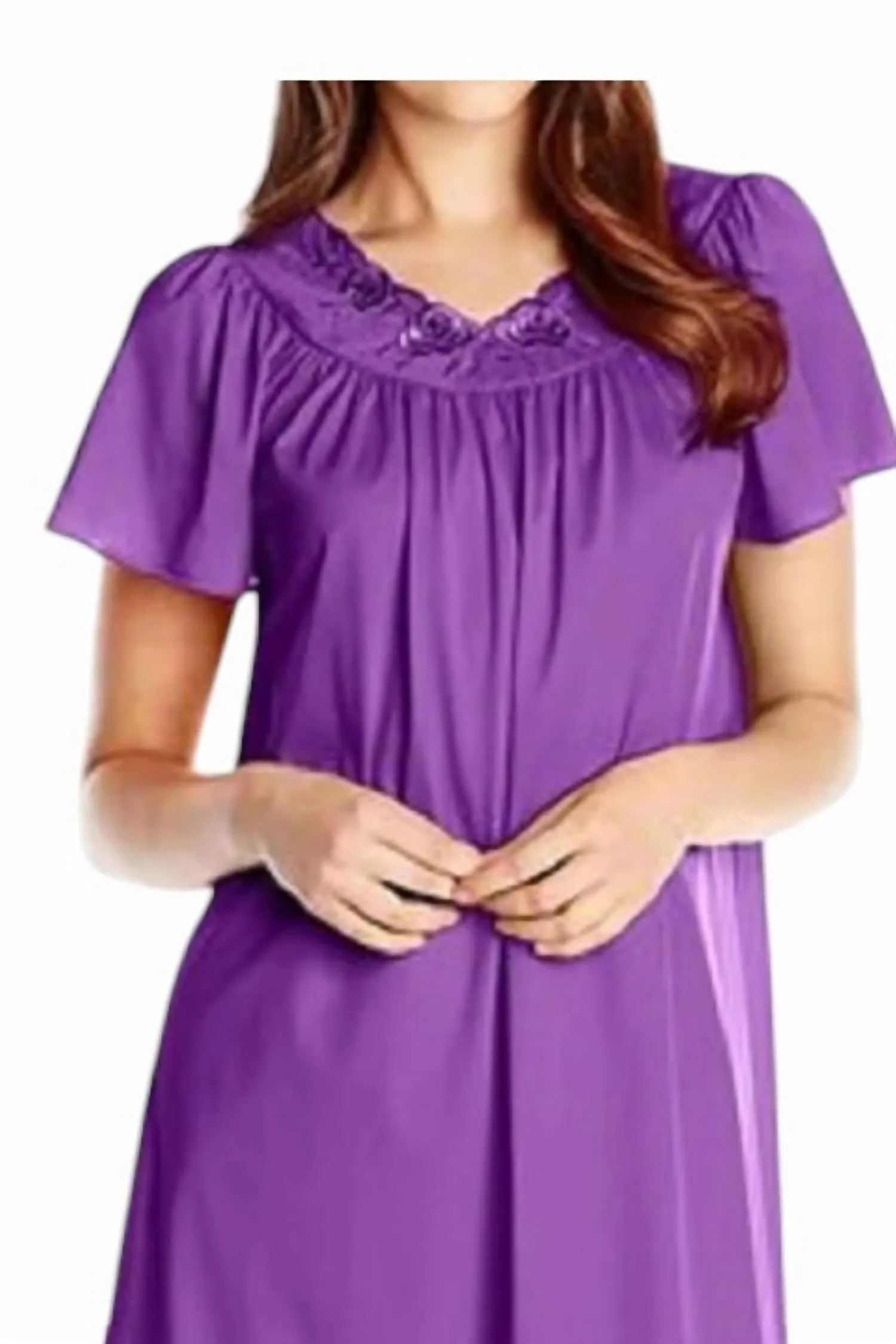 Short Gown With Flower Petal Embroidery And Flutter Sleeves In Purple