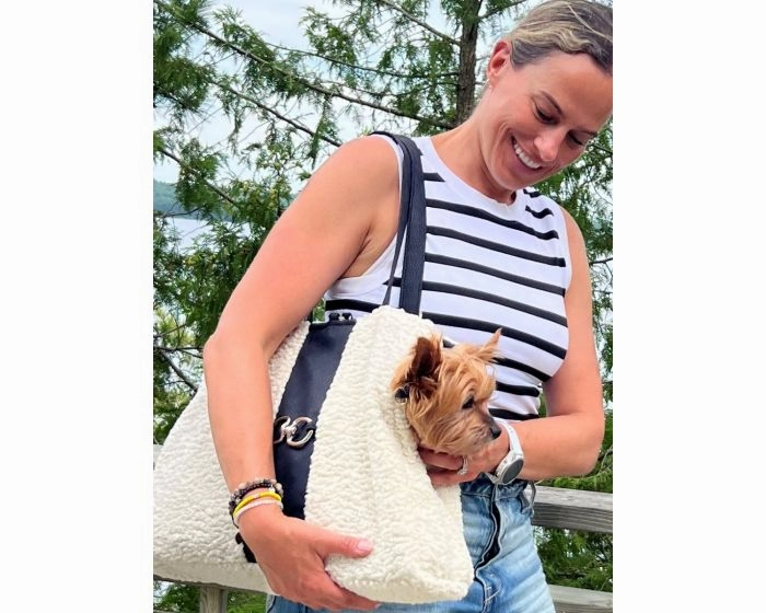 Signature Collection Carrier in Ivory Sheepskin treat storage jar,dog treat container,pet snack jar