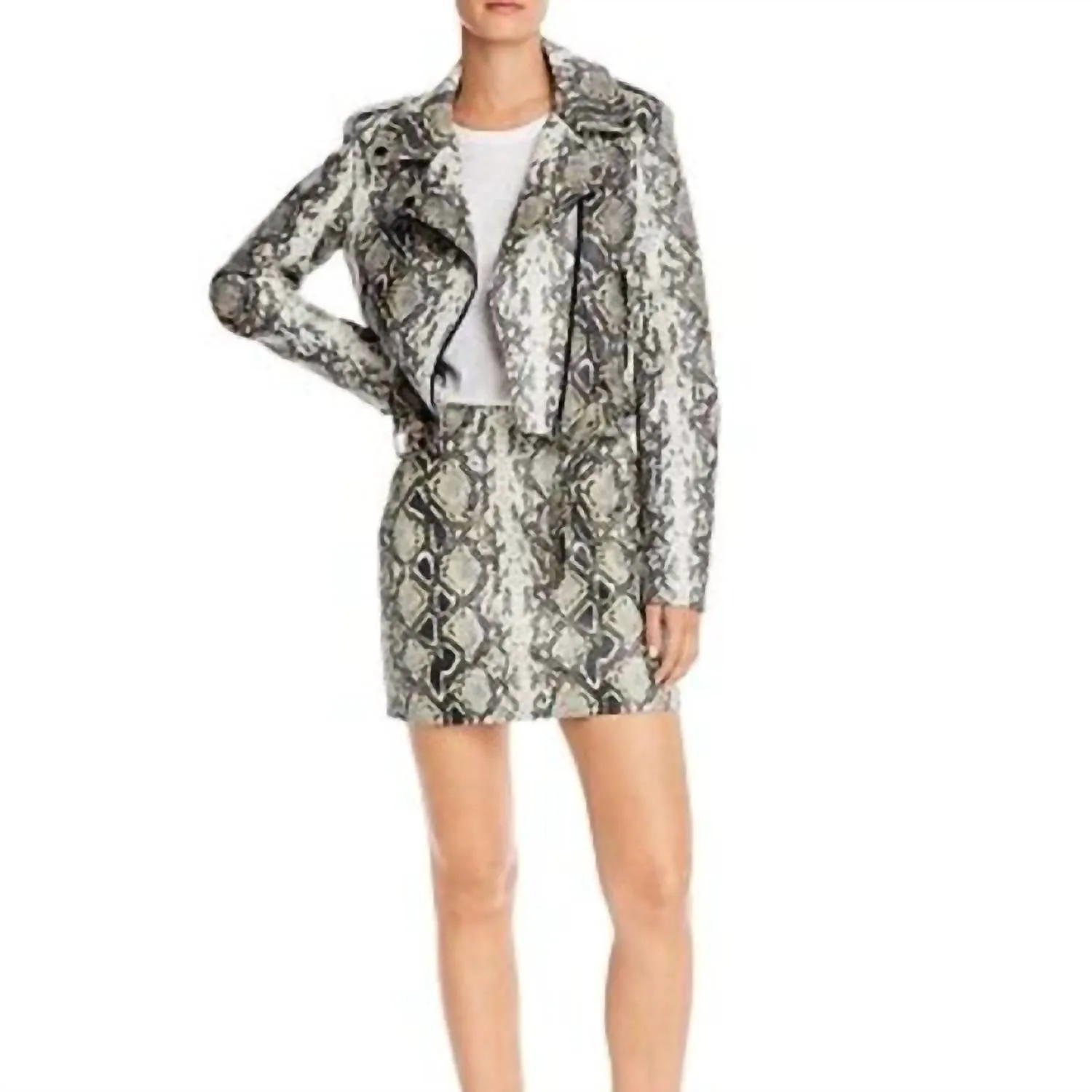 Snake Print Faux Leather Moto Jacket In Gray/black
