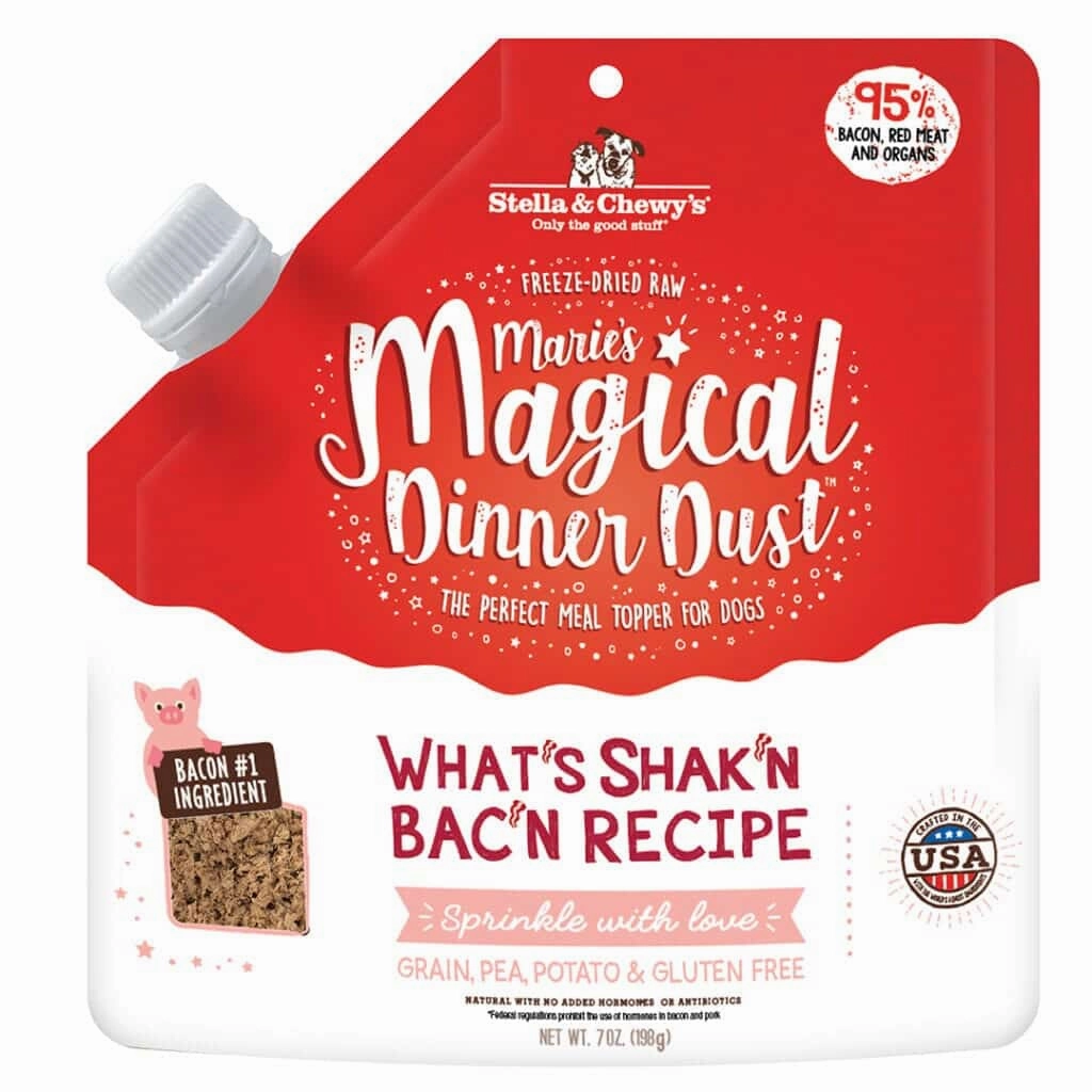 Stella & Chewy's Freeze-Dried Raw Dog Food Topper Marie's Magical Dinner Dust What's Shak'n Bac'n Recipe 7oz Bag puppy food,chew toy for puppies,small dog treats