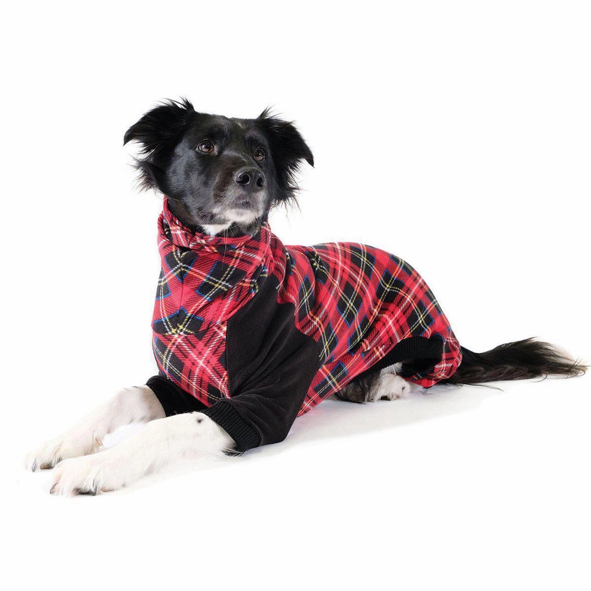 Stretch Fleece Onesie Dog Pajamas Red Tartan/Black dog underwear,dog diaper,pet undergarments