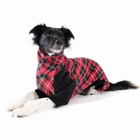 Stretch Fleece Onesie Dog Pajamas Red Tartan/Black dog underwear,dog diaper,pet undergarments