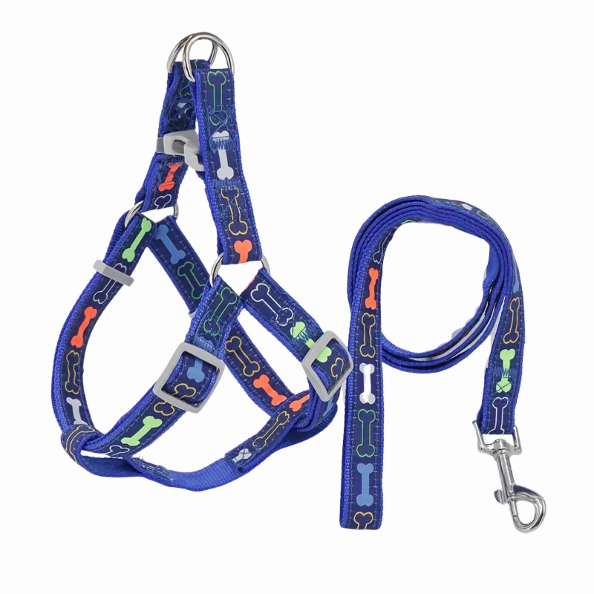 Supet Stylish Bone Pattern Dog Harness and Leash Set (Blue) - Small dog harness and leash,reflective dog collar,pet walking gear