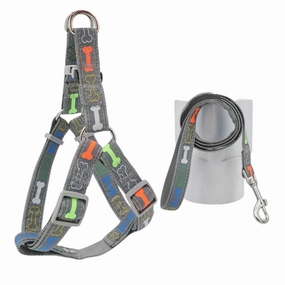 Supet Stylish Bone Pattern Dog Harness and Leash Set (Grey) - Large dog harness and leash,reflective dog collar,pet walking gear