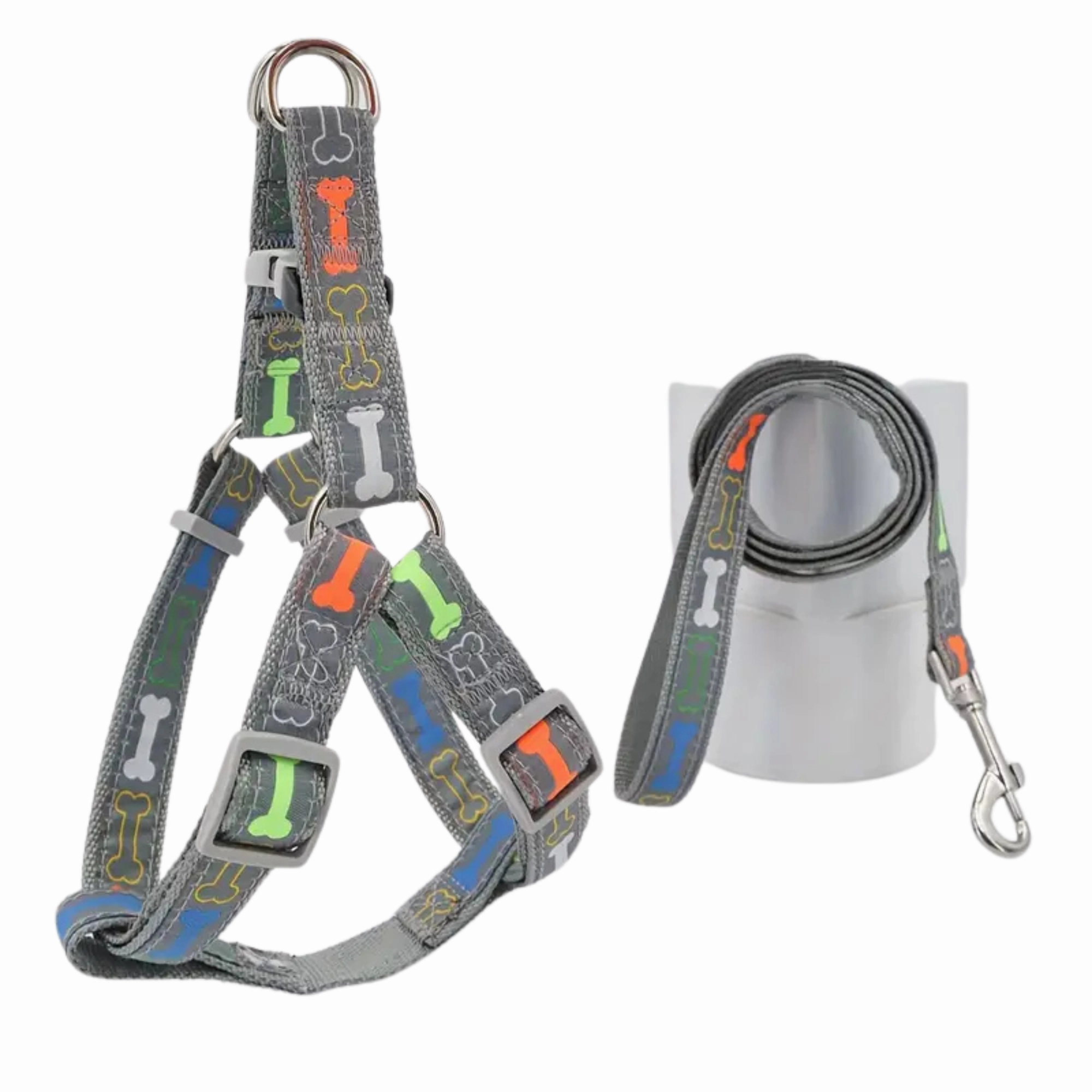 Supet Stylish Bone Pattern Dog Harness and Leash Set (Grey) - Large dog harness and leash,reflective dog collar,pet walking gear