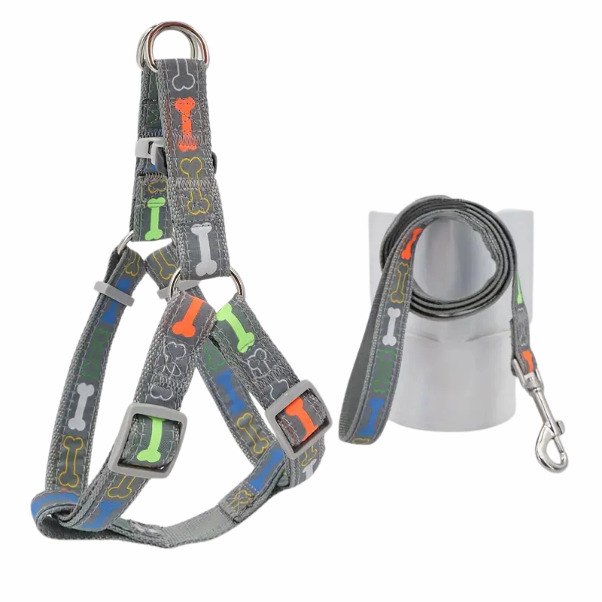 Supet Stylish Bone Pattern Dog Harness and Leash Set (Grey) - Small dog harness and leash,reflective dog collar,pet walking gear