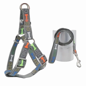 Supet Stylish Bone Pattern Dog Harness and Leash Set (Grey) - Small dog harness and leash,reflective dog collar,pet walking gear