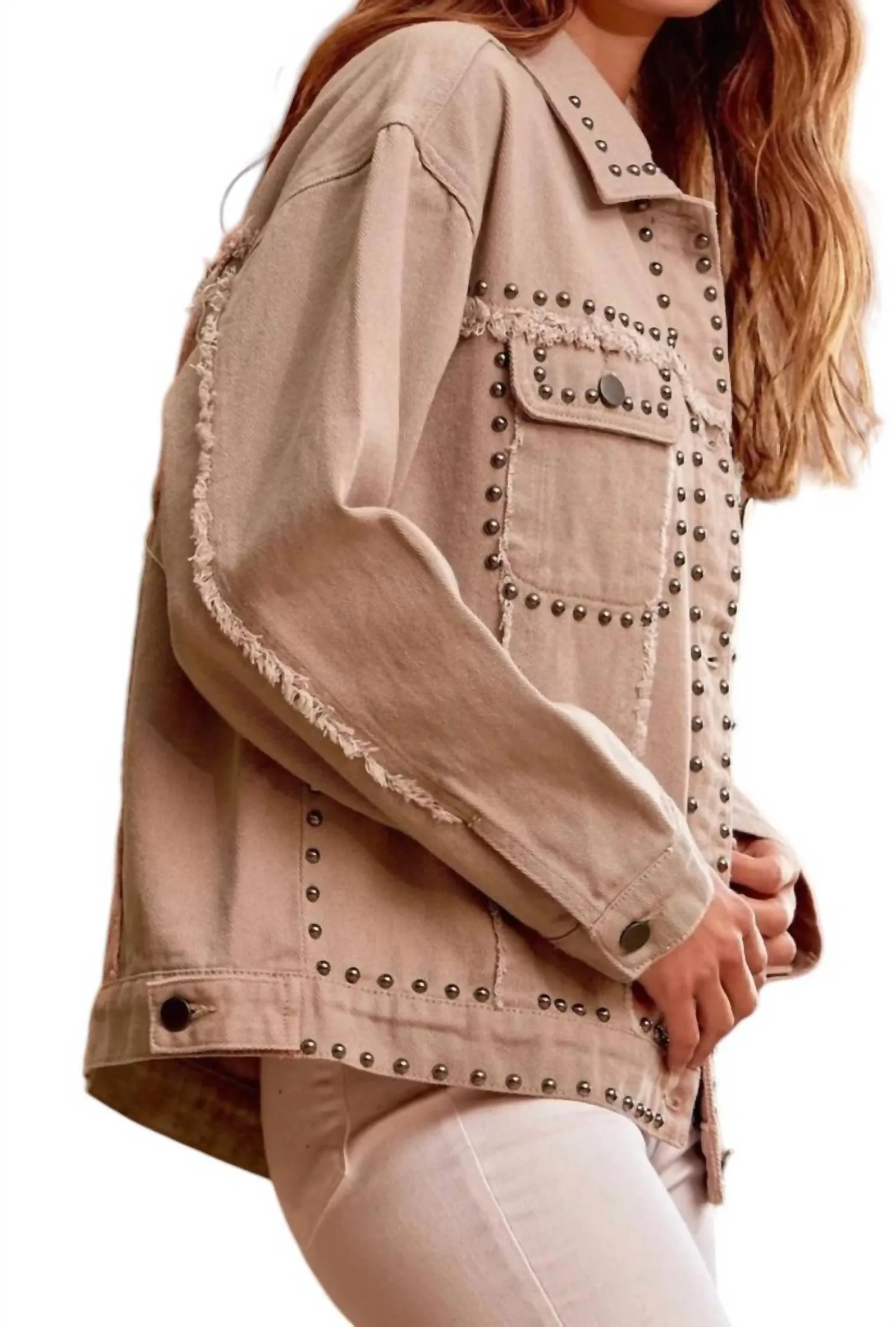 Sweet Like Candy Studded Denim Jacket In Mocha
