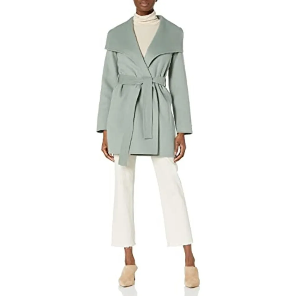 Tahari Women's Wool Wrap Coat with Tie Belt, Sage