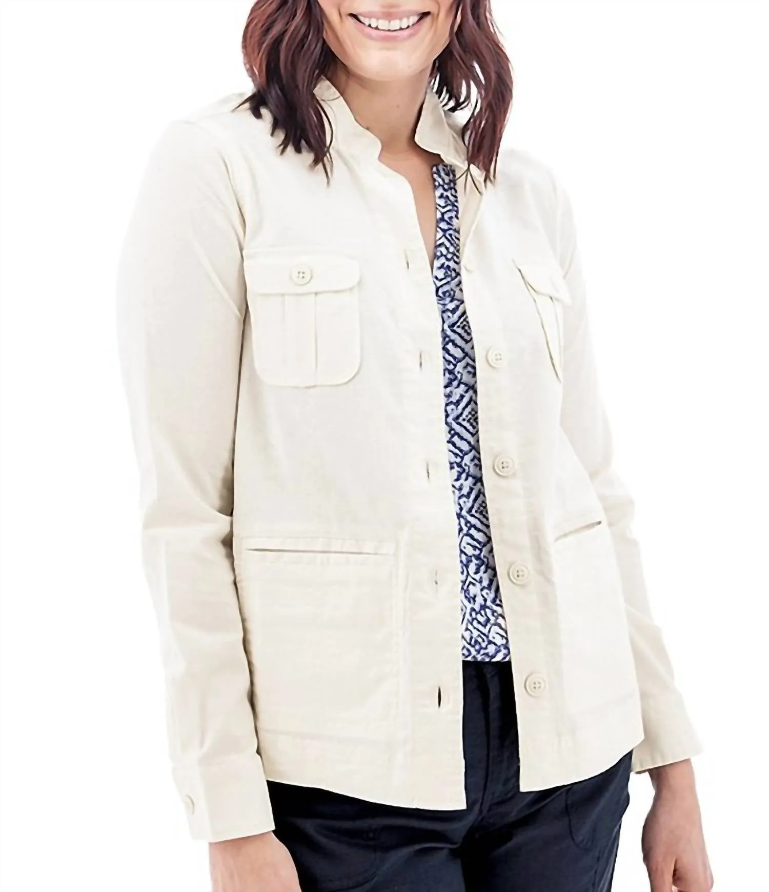 Temple Lightweight Utility Woven Button Front Jacket In Egret