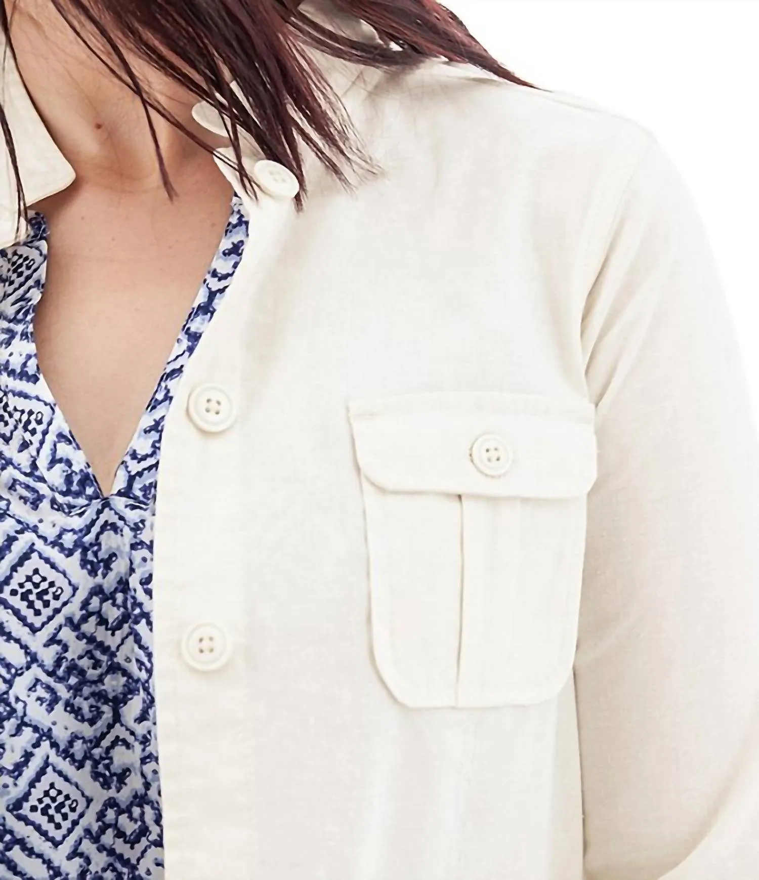 Temple Lightweight Utility Woven Button Front Jacket In Egret