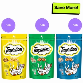 Temptations Savoury Salmon, Seafood Medley and Tasty Chicken Flavour Cat Treats Combo crunchy cat treat,crispy cat snack,dry cat treat