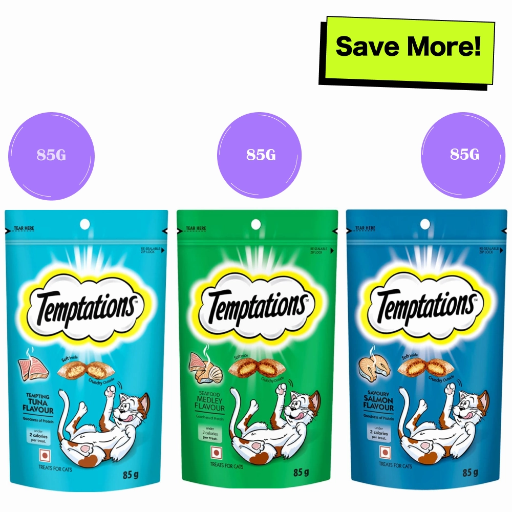 Temptations Savoury Salmon, Seafood Medley and Tempting Tuna Flavour Cat Treats Combo crunchy cat treat,crispy cat snack,dry cat treat
