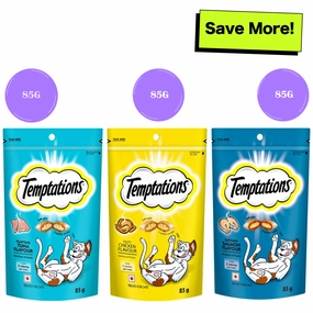 Temptations Savoury Salmon, Tasty Chicken and Tempting Tuna Flavour Cat Treats Combo crunchy cat treat,crispy cat snack,dry cat treat