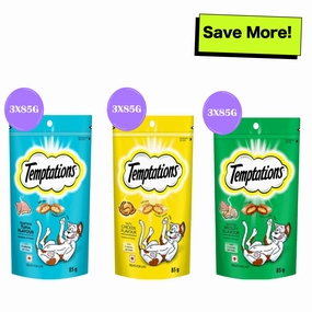 Temptations Seafood Medley, Tasty Chicken and Tempting Tuna Flavour Cat Treats Combo crunchy cat treat,crispy cat snack,dry cat treat