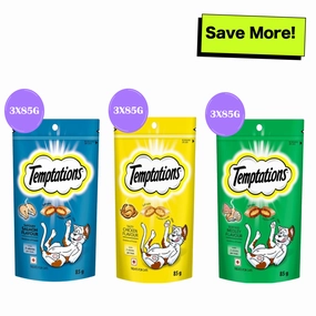 Temptations Tasty Chicken, Savoury Salmon and Seafood Medley Flavour Cat Treats Combo crunchy cat treat,crispy cat snack,dry cat treat