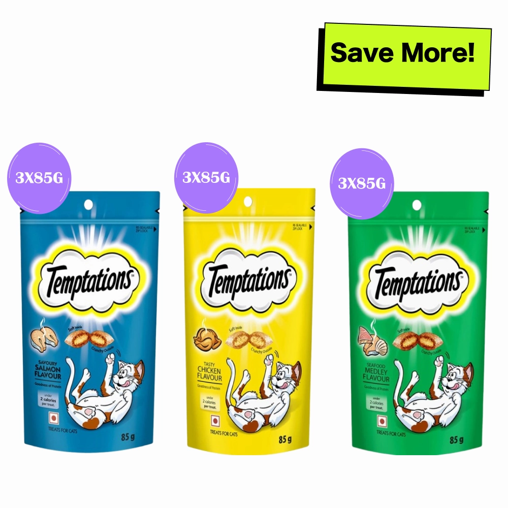 Temptations Tasty Chicken, Savoury Salmon and Seafood Medley Flavour Cat Treats Combo crunchy cat treat,crispy cat snack,dry cat treat