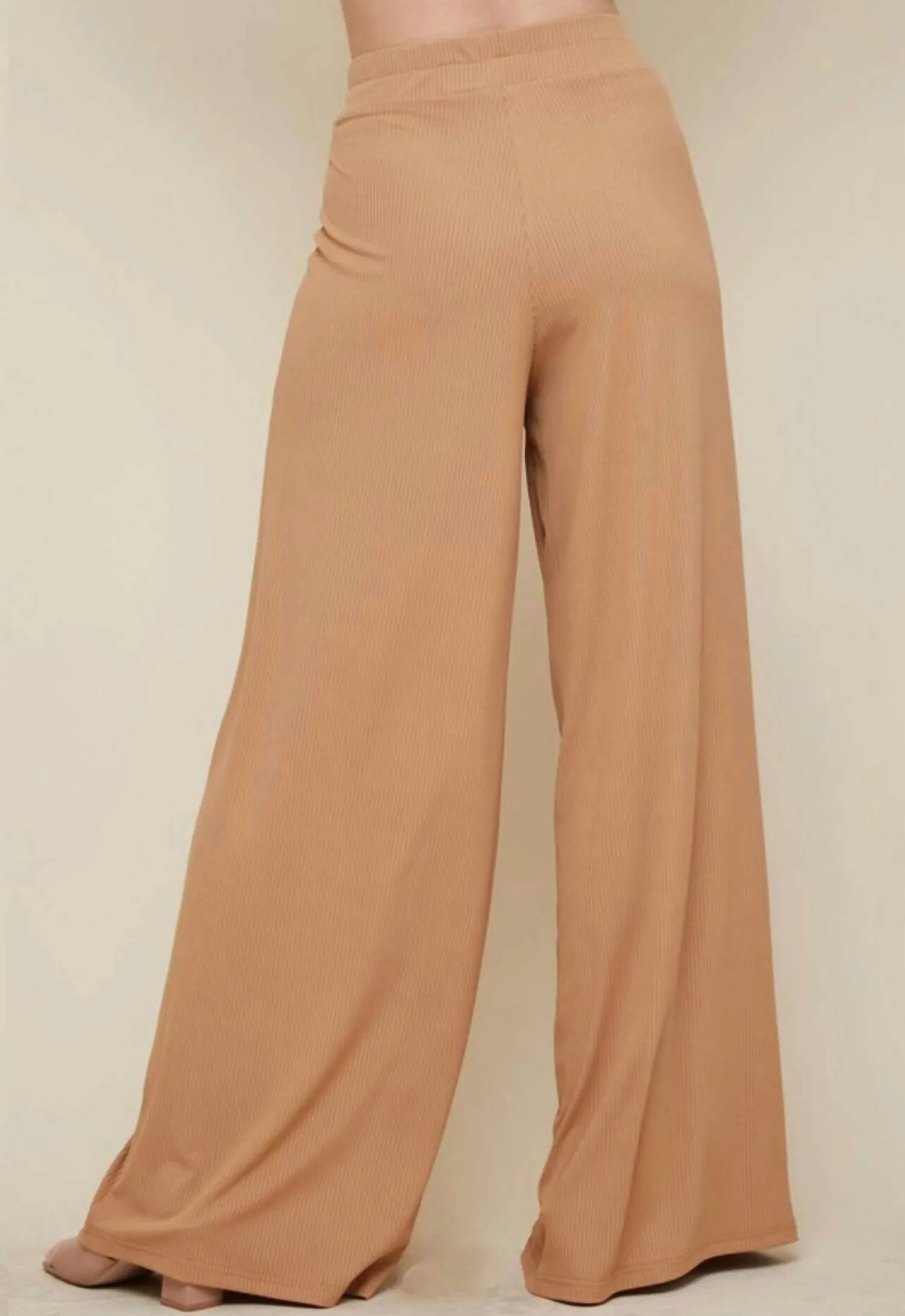 The Heather Set: Quarter Sleeve Ribbed Wide Leg Pant Set In Tan