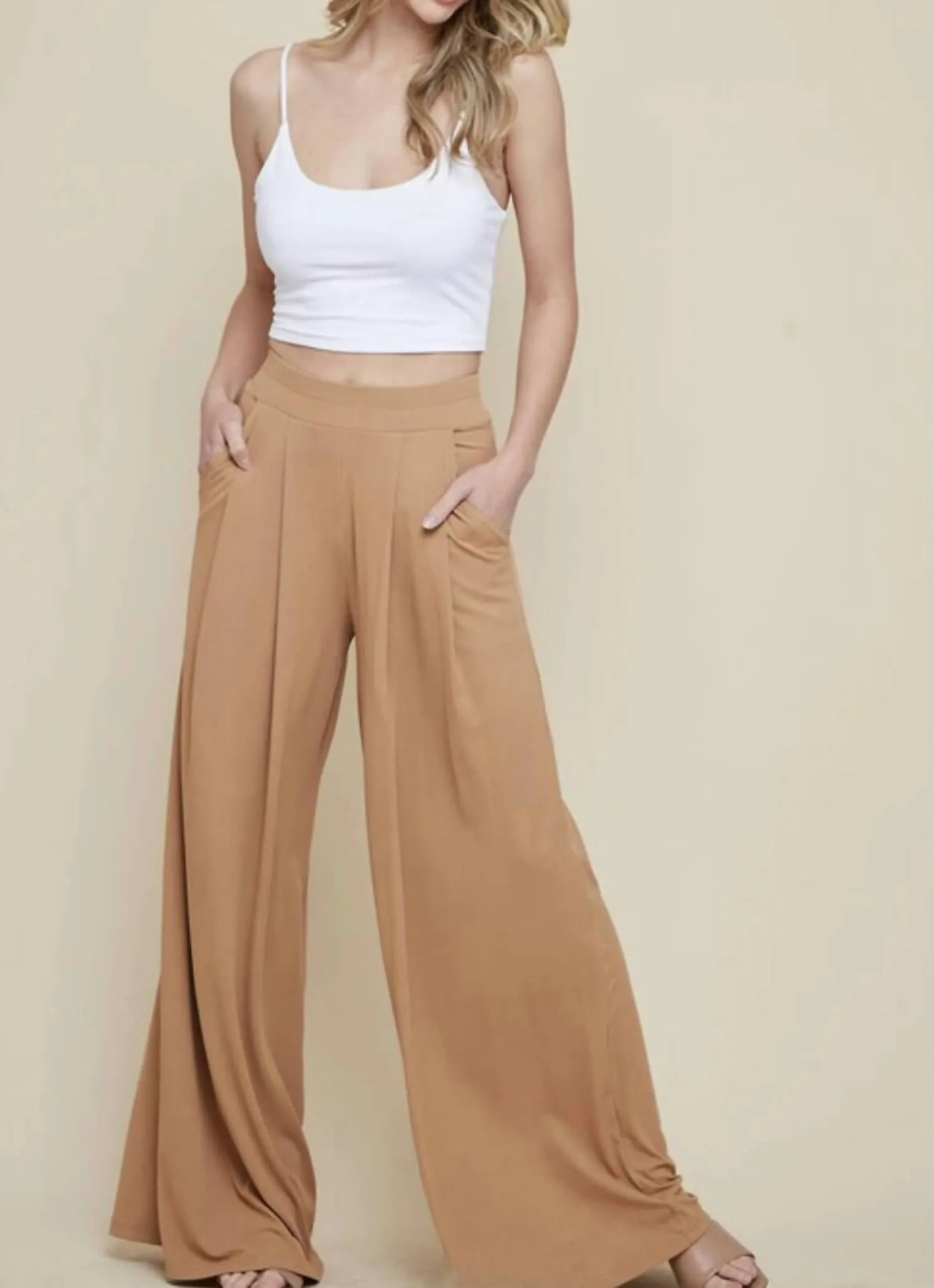 The Heather Set: Quarter Sleeve Ribbed Wide Leg Pant Set In Tan