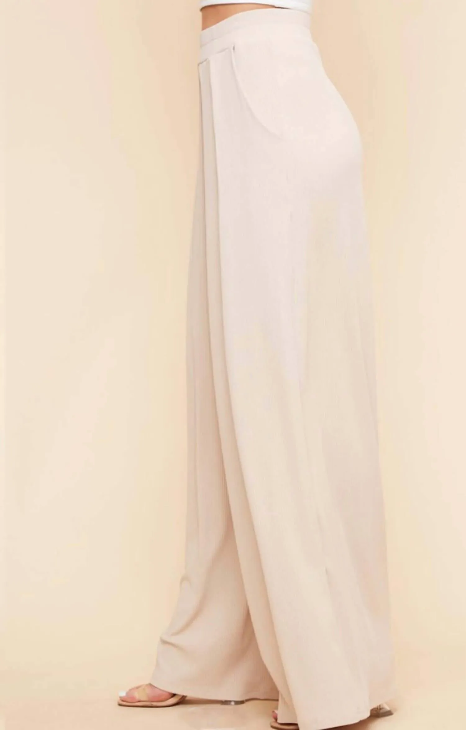 The Heather Set: Quarter Sleeve Ribbed Wide Leg Pant Set In Tan