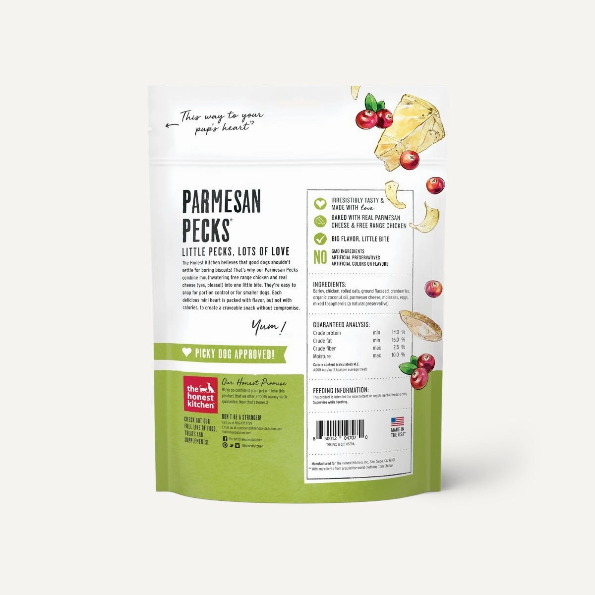 The Honest Kitchen Biscuit Dog Treats Parmesan Pecks Chicken, Parmesan & Cranberry Recipe 8oz Bag