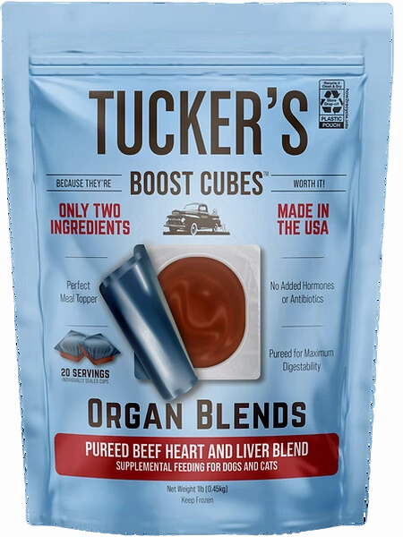 Tucker's Raw Frozen Boost Cubes - Organ Blend Beef Heart & Liver 1lb Bag (20 servings per bag) puppy food,chew toy for puppies,small dog treats
