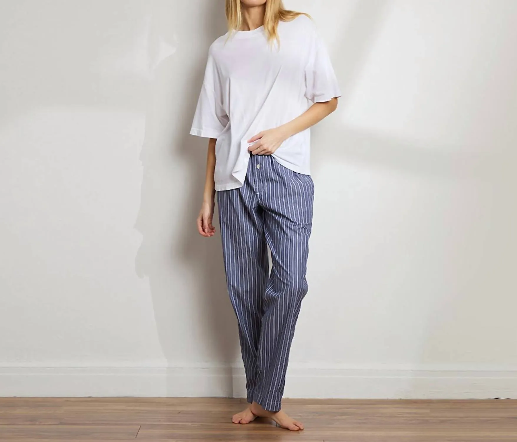 Unisex Striped Cotton Boyfriend Pant In Denim Stripe