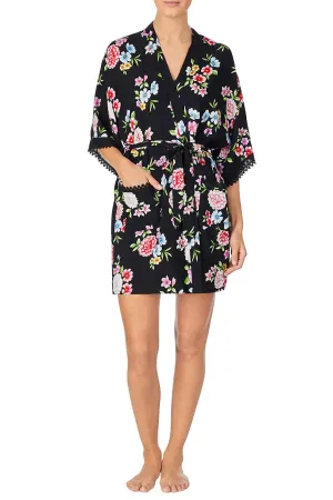 V Neck Wrap Robe In Black Floral