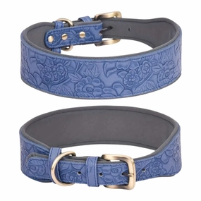 Vintage Leather Dog Collar for Medium & Large Dogs - Blue - Large dog harness and leash,reflective dog collar,pet walking gear