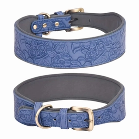 Vintage Leather Dog Collar for Medium & Large Dogs - Blue - Medium dog harness and leash,reflective dog collar,pet walking gear