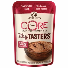Wellness CORE Tiny Tasters Chicken & Beef Pate Grain-Free Adult Pouch Cat Food 1.75oz cat snacks catnip treats healthy cat food cat reward treats low calorie cat food