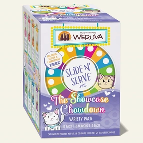 Weruva Wet Cat Food Pats Slide & Serve Showcase Chowdown Variety Pack 2.8oz Pouch 16pk grain free wet cat food,senior cat wet food,cat pt