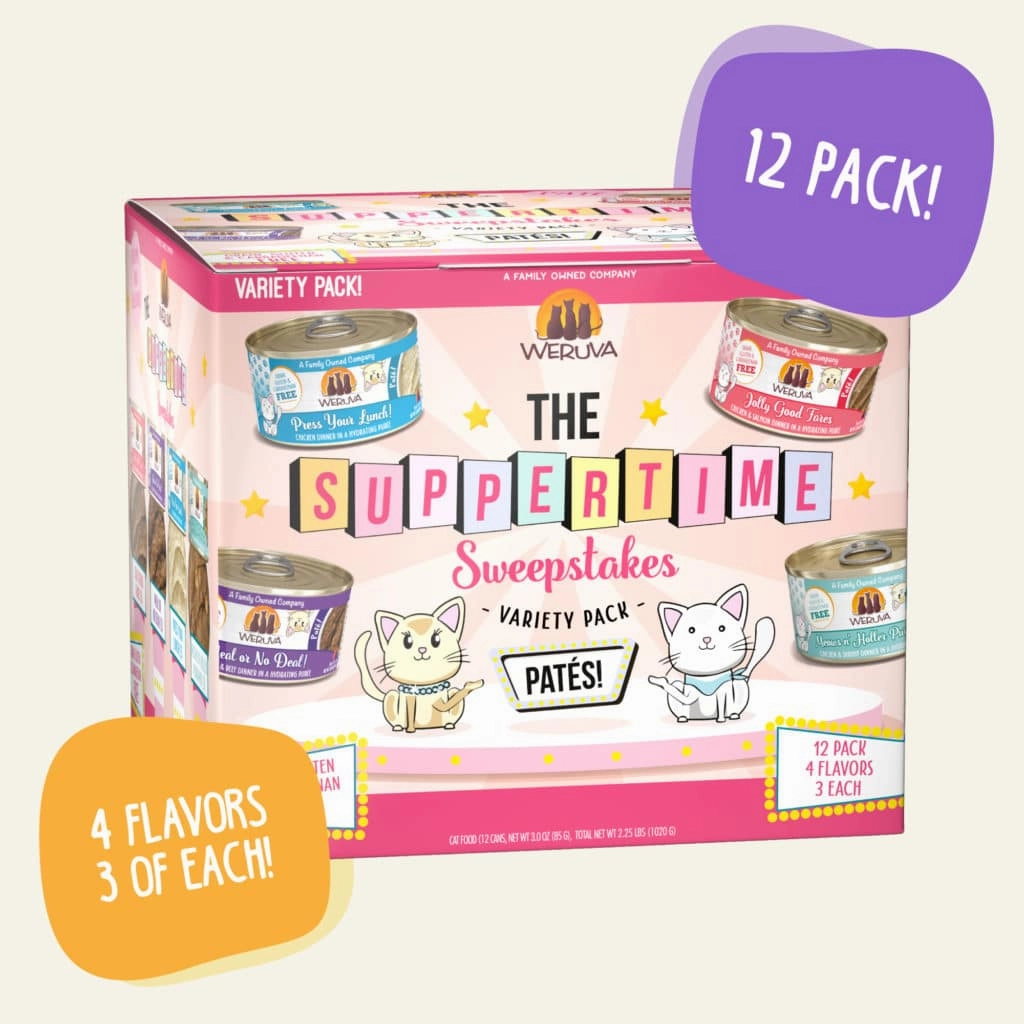 Weruva Wet Cat Food Pats Suppertime Sweepstakes Variety Pack 3oz Can 12pk grain free wet cat food,senior cat wet food,cat pt