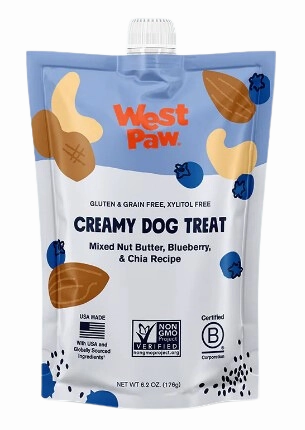 West Paw Creamy Dog Treat Mixed Nut Butter, Blueberry & Chia 6.2oz pouch stainless steel bowl,metal pet feeder,steel water dish