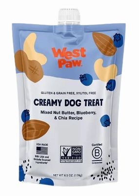 West Paw Creamy Dog Treat Mixed Nut Butter, Blueberry & Chia 6.2oz pouch stainless steel bowl,metal pet feeder,steel water dish