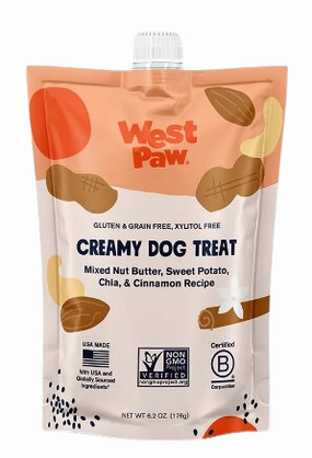 West Paw Creamy Dog Treat Mixed Nut Butter, Sweet Potato, Chia & Cinnamon 6.2oz pouch stainless steel bowl,metal pet feeder,steel water dish