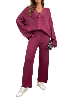 Winter Knit Cardigan & Long Pants Set In Purple Red