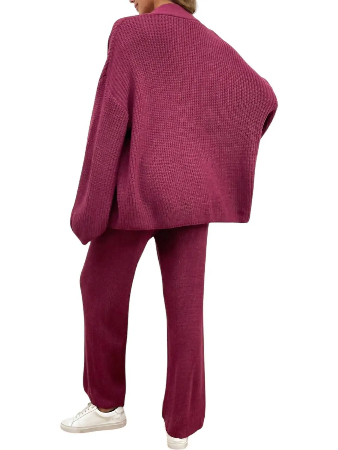 Winter Knit Cardigan & Long Pants Set In Purple Red