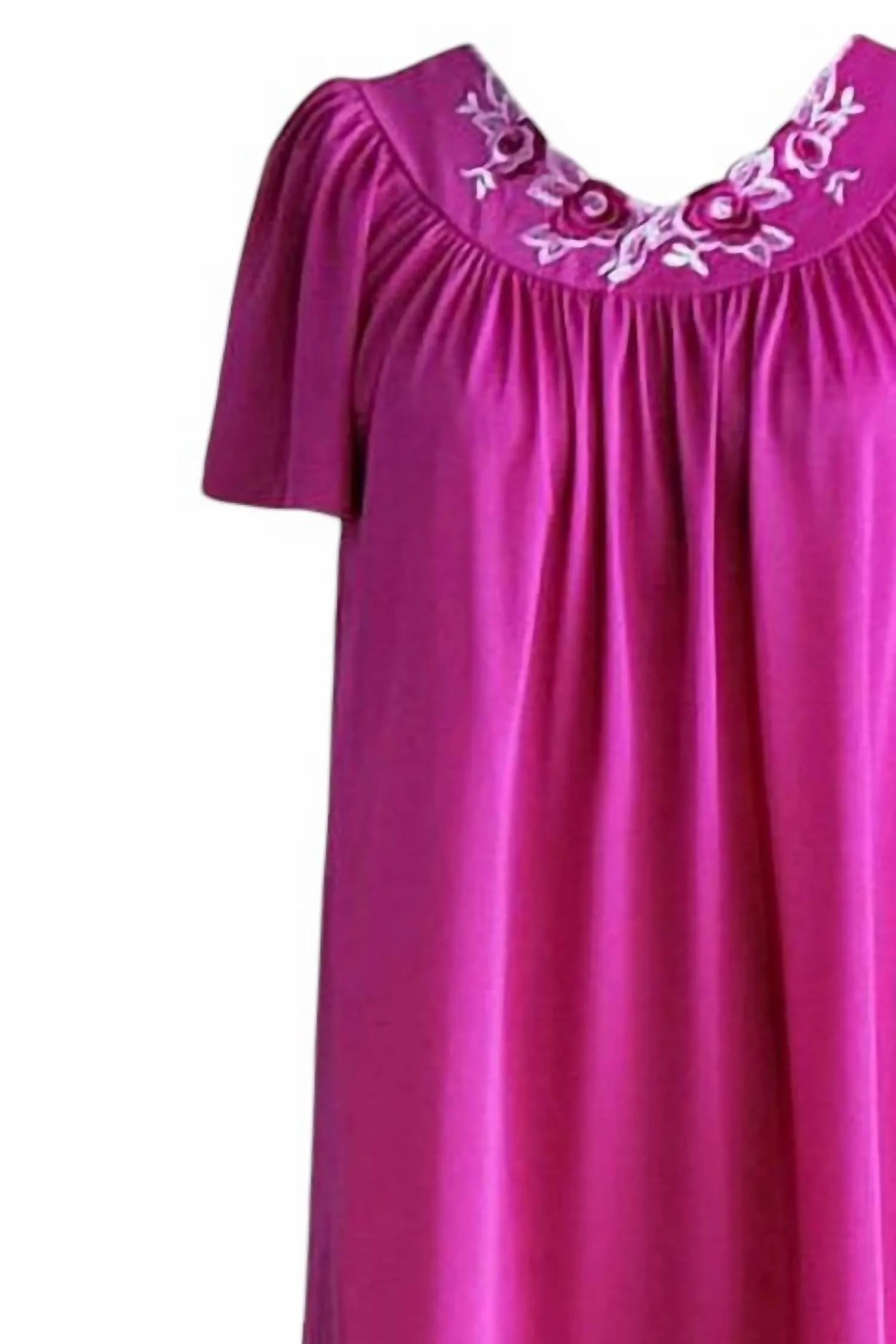 Women's Short Gown With Flower Petal Embroidery And Flutter Sleeves In Rapsberry