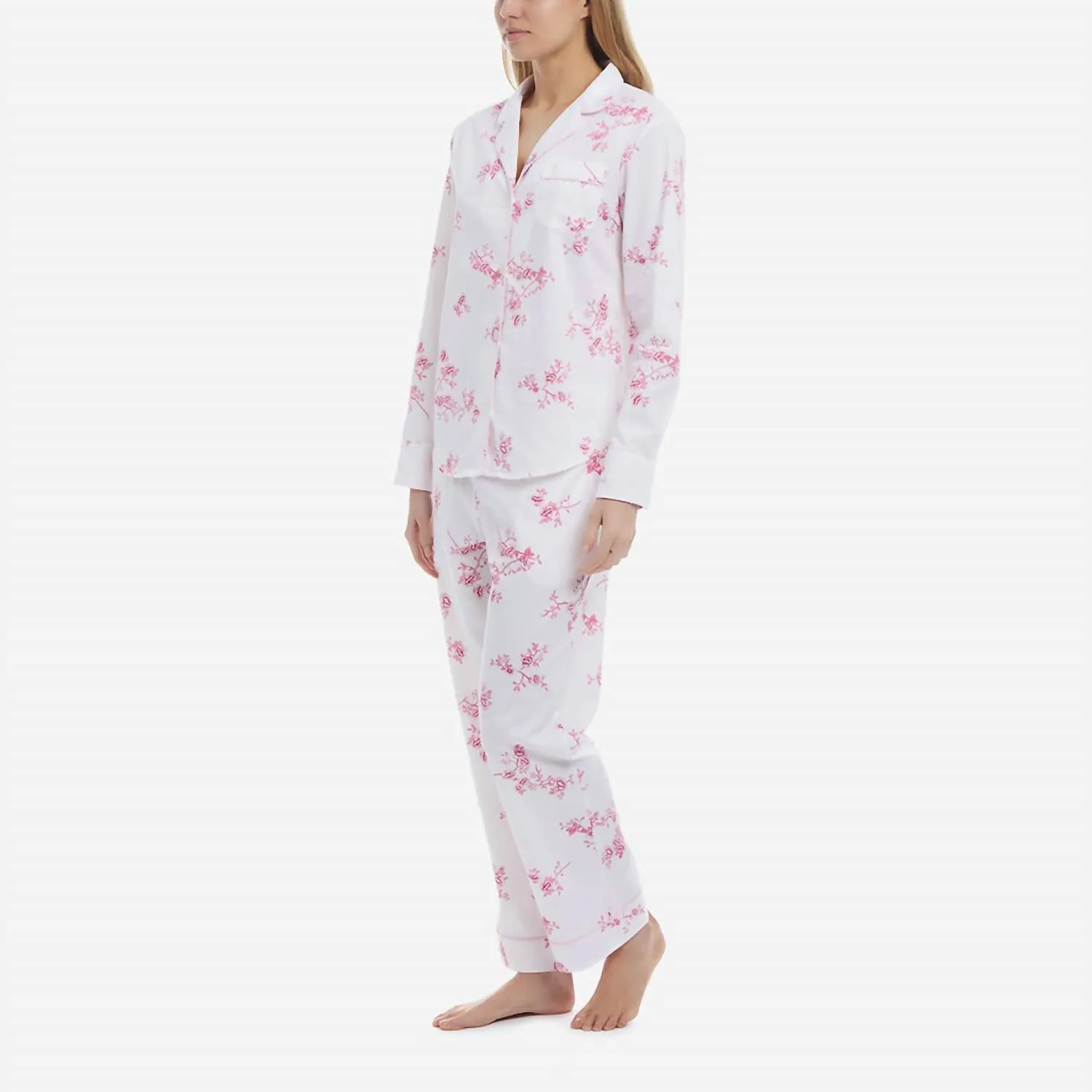 Women's Twill Floral Long Pajama Set In English Rose