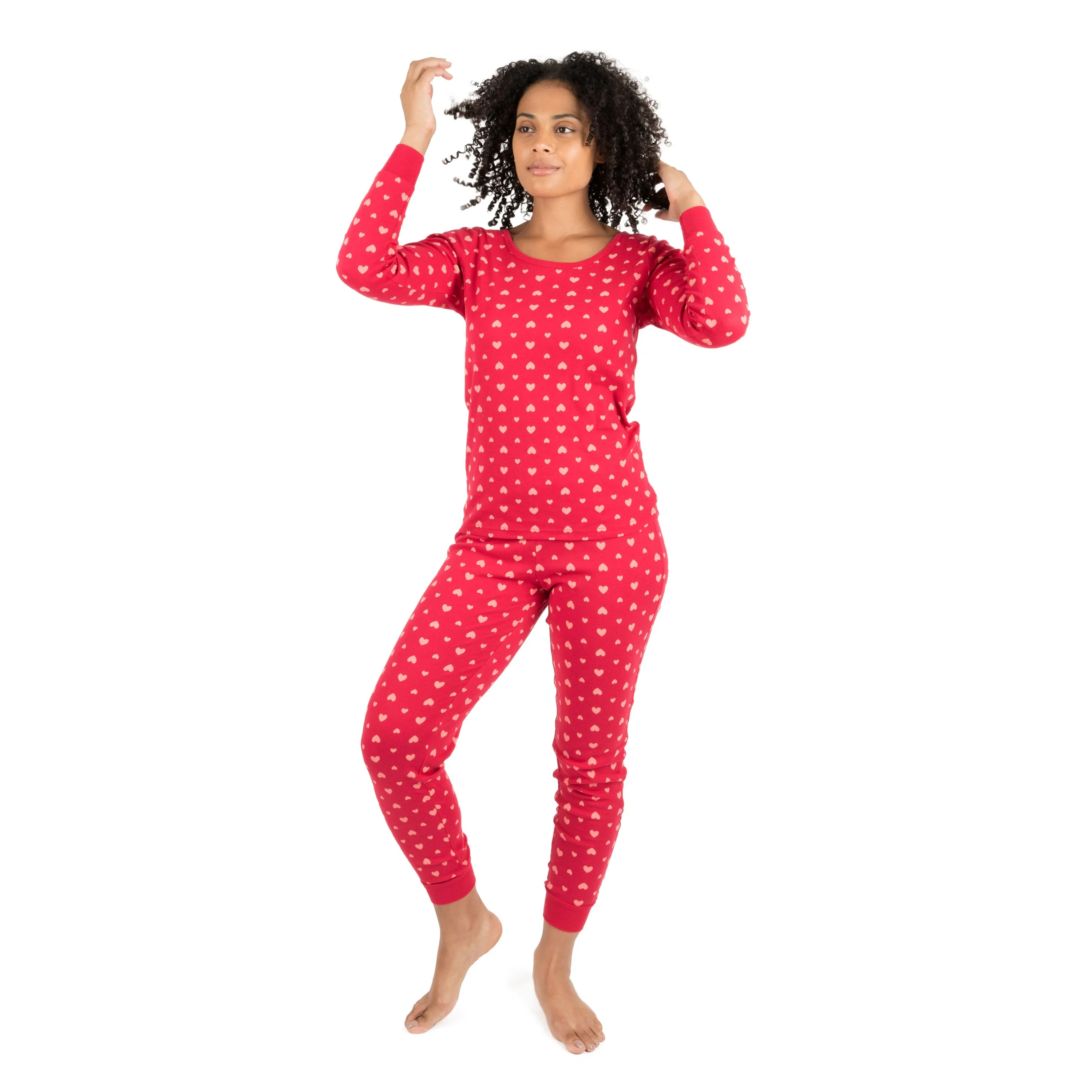 Womens Two Piece Cotton Pajamas Hearts Pink