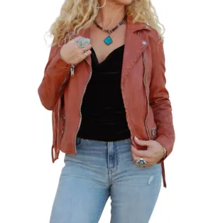 Zoe Leather Fringe Jacket In Burnt Orange
