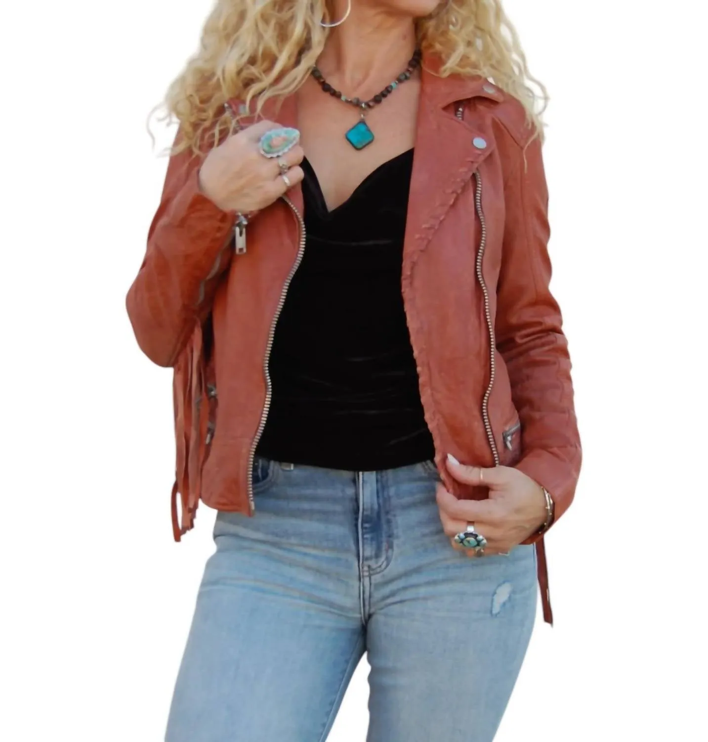 Zoe Leather Fringe Jacket In Burnt Orange